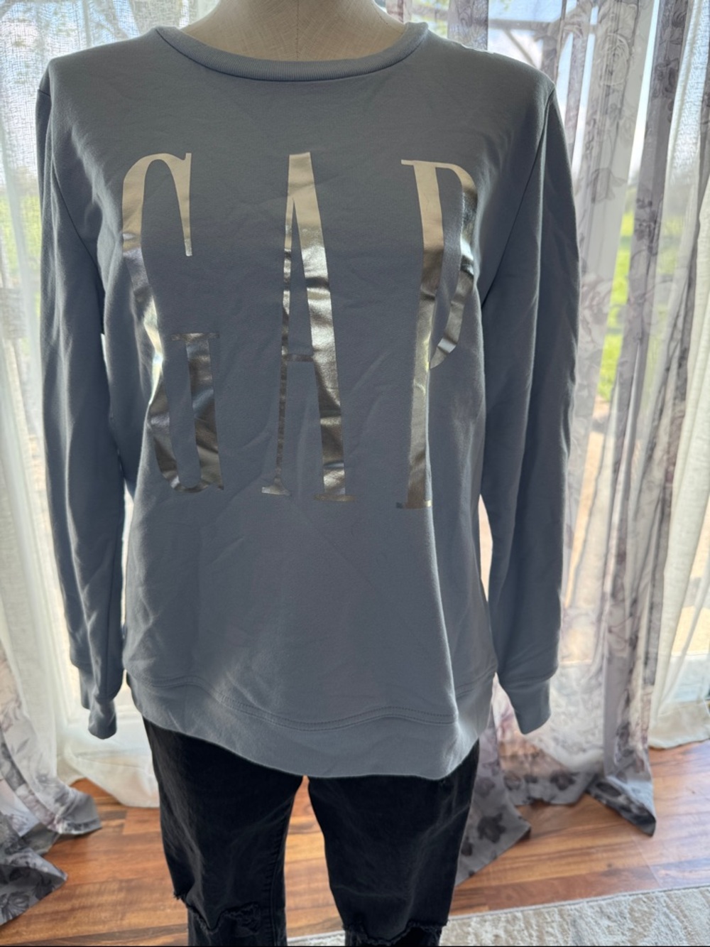 GAP Light Blue Sweatshirt with Silver Metallic Logo